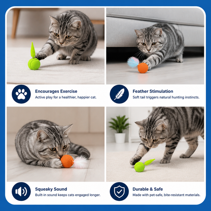 2-Pack Interactive Cat Balls – Plush Feather Tail & Squeaky Sound