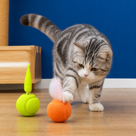 2-Pack Interactive Cat Balls – Plush Feather Tail & Squeaky Sound