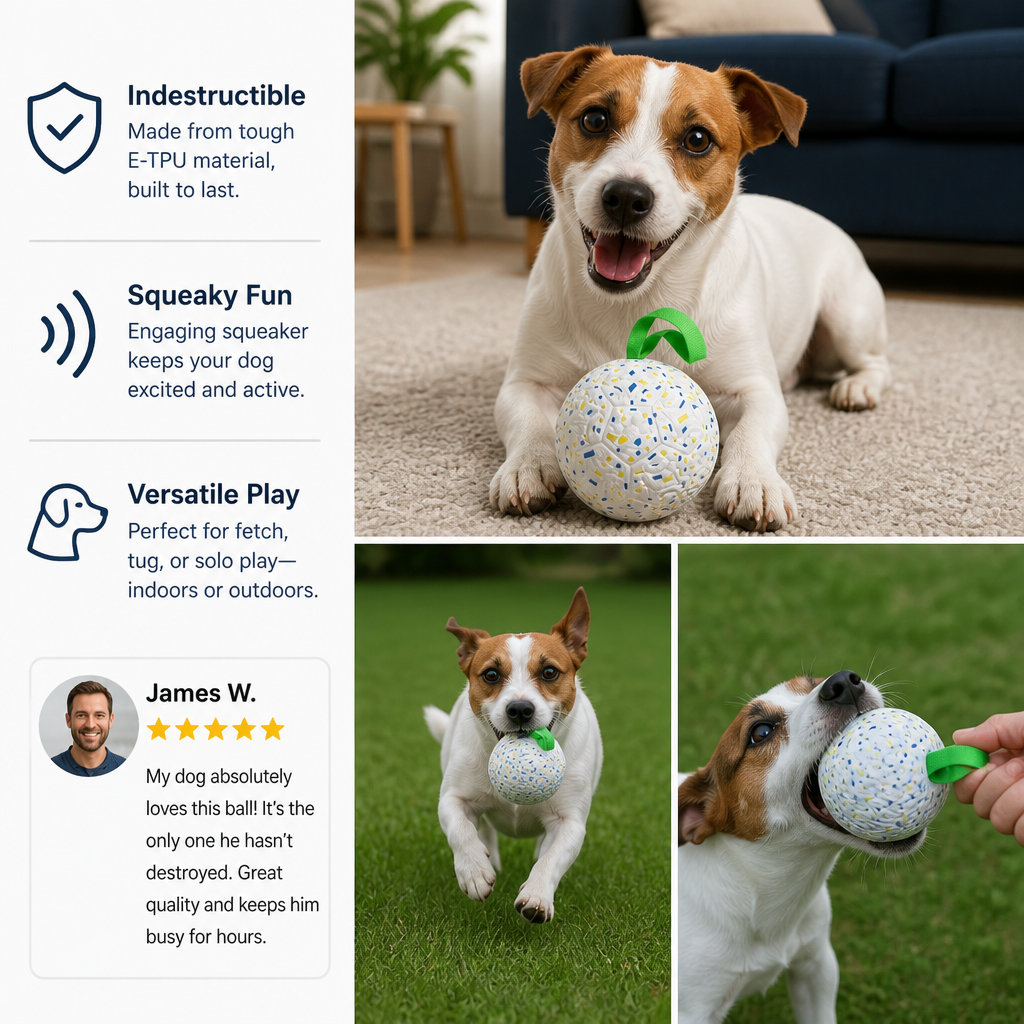 Indestructible Squeaky Dog Ball – Bite-Resistant Interactive Tug & Fetch Toy