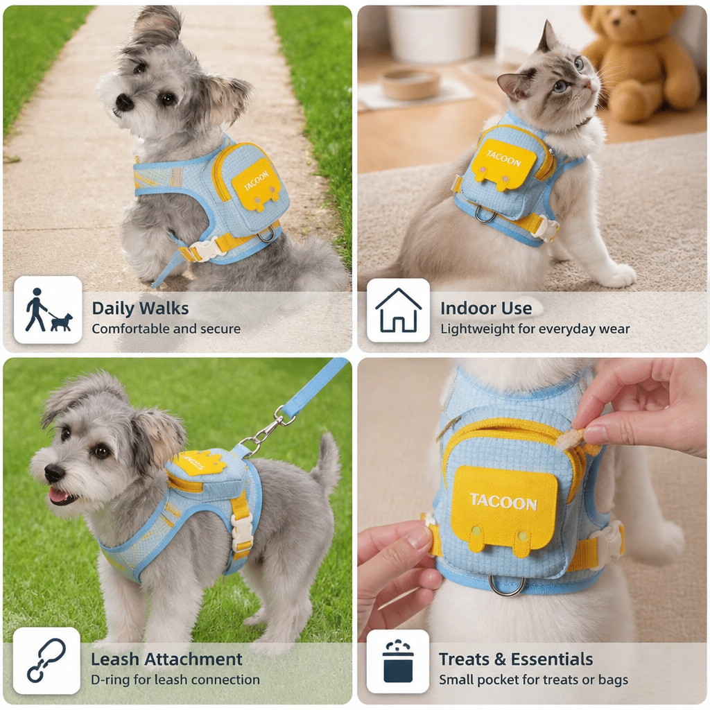 Adjustable Pet Harness with Storage Backpack for Small Dogs and Cats