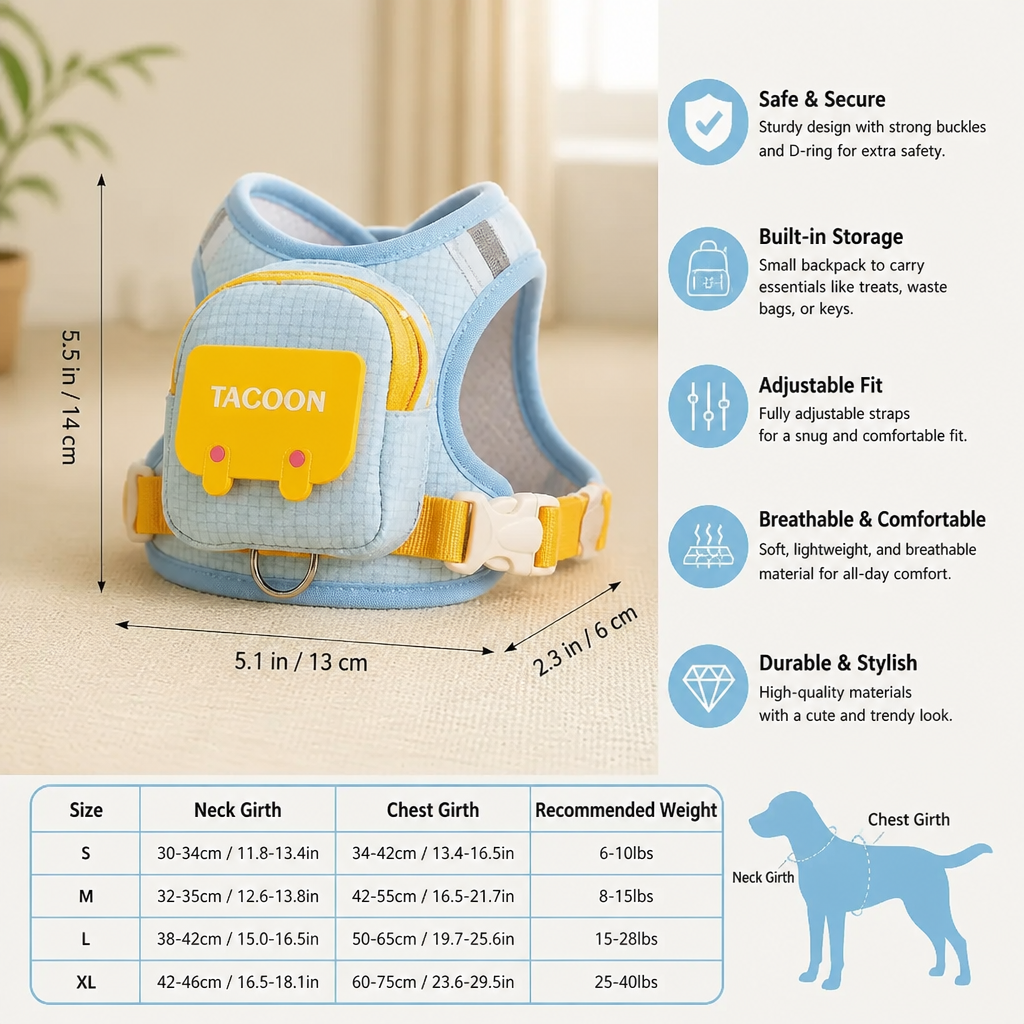 Adjustable Pet Harness with Storage Backpack for Small Dogs and Cats