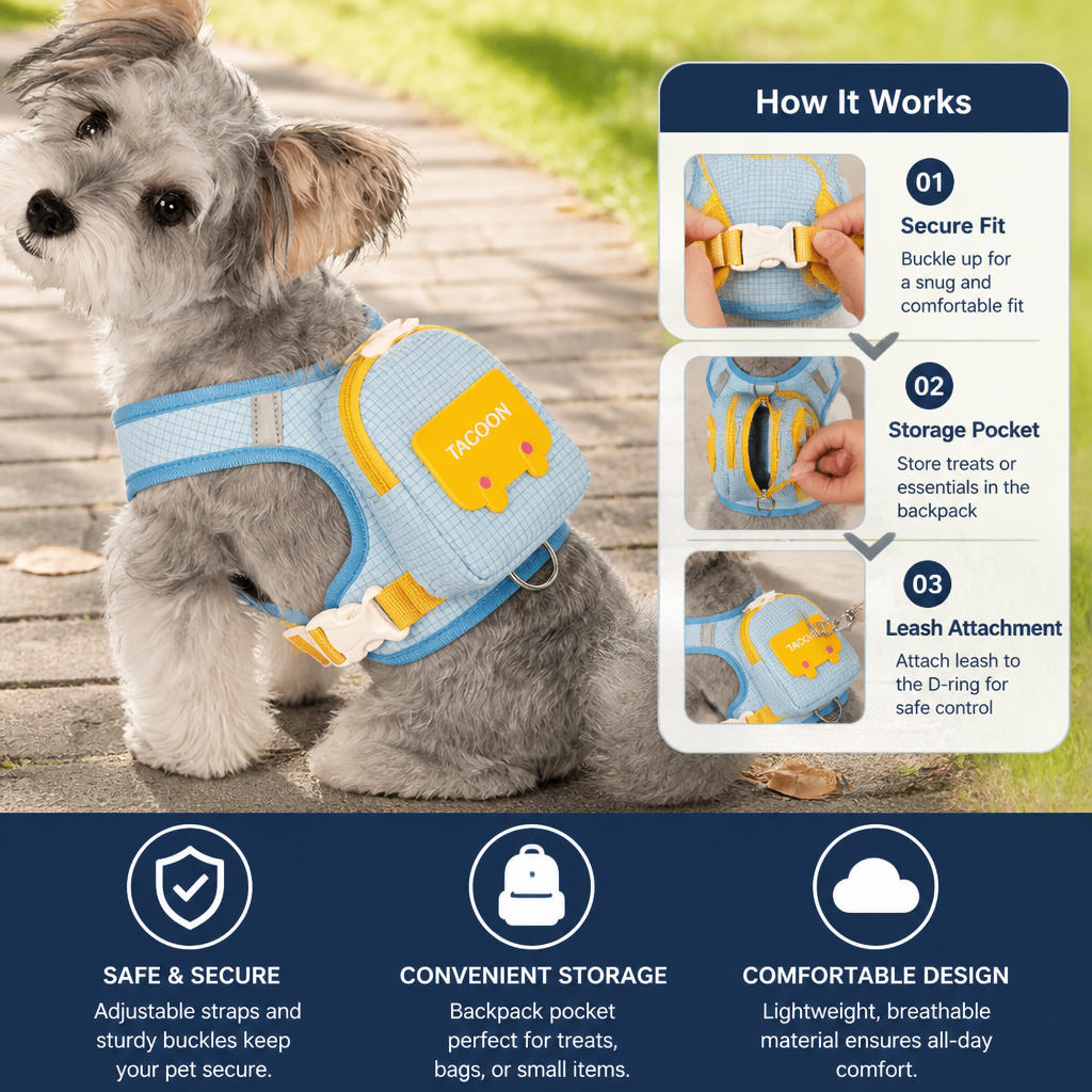 Adjustable Pet Harness with Storage Backpack for Small Dogs and Cats