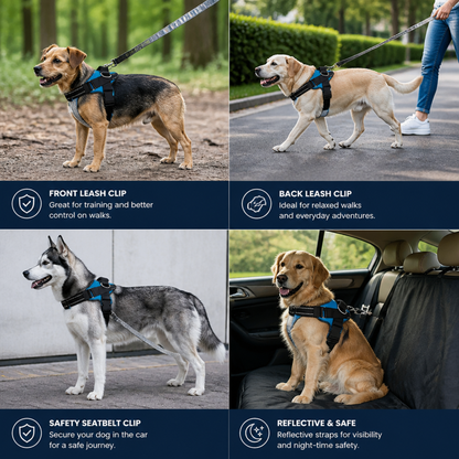 Reflective Adjustable Dog Harness with 3 Leash Clips – Padded for Walking & Training