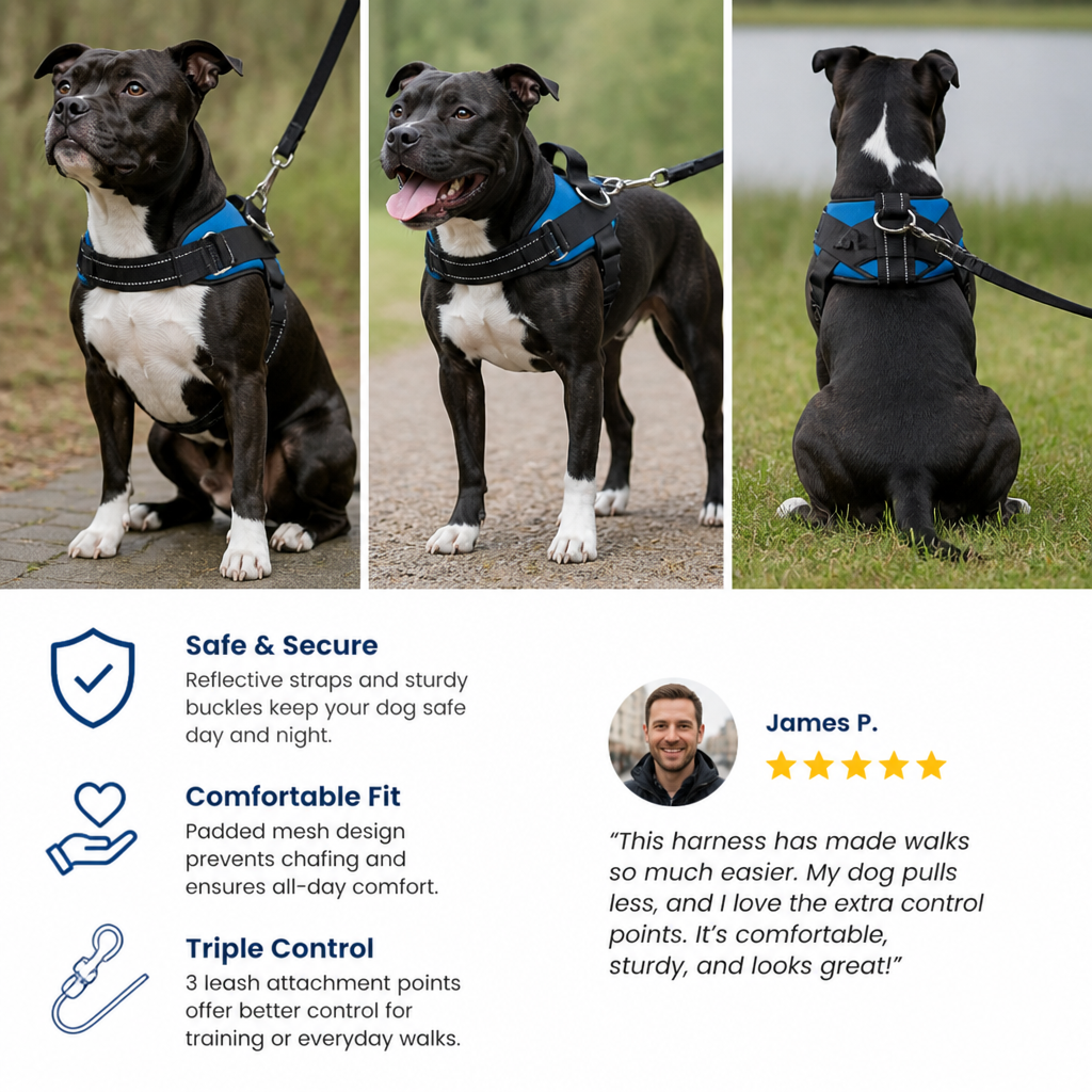 Reflective Adjustable Dog Harness with 3 Leash Clips – Padded for Walking & Training