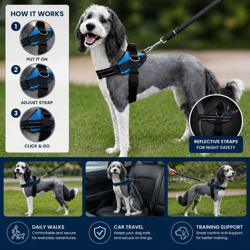 Reflective Adjustable Dog Harness with 3 Leash Clips – Padded for Walking & Training