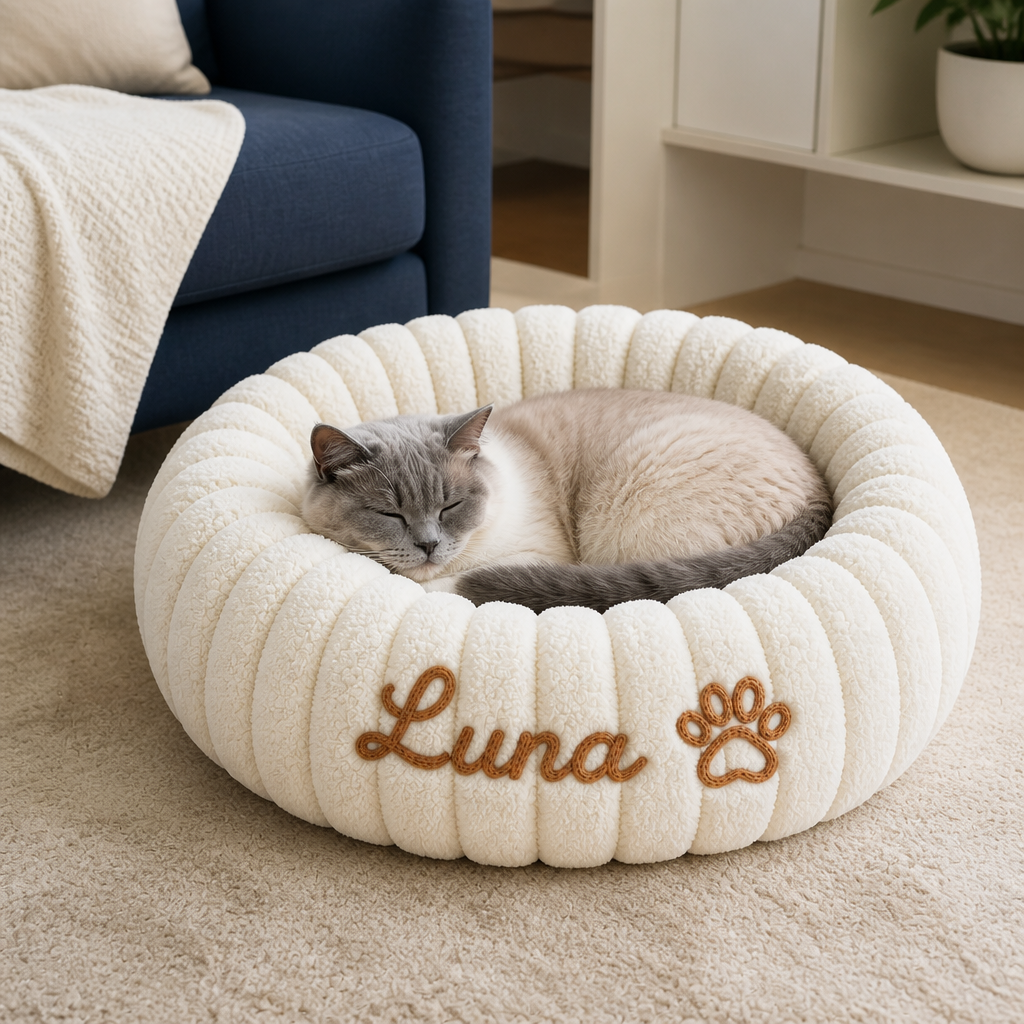 Personalized Round Fluffy CAT Bed