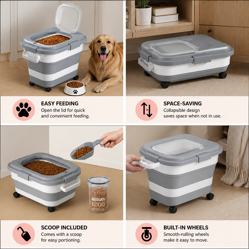 Collapsible Pet Food Storage Container with Wheels Lid and Scoop
