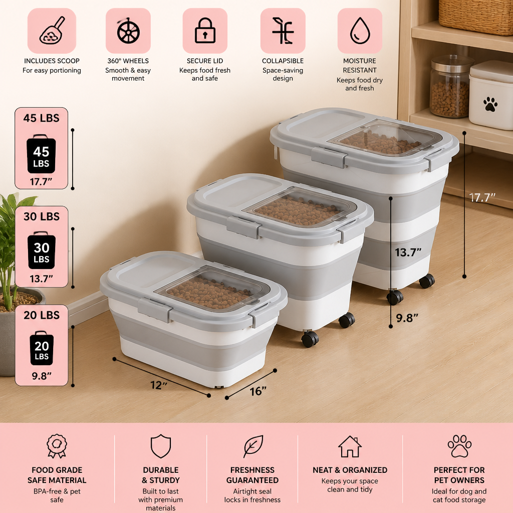 Collapsible Pet Food Storage Container with Wheels Lid and Scoop