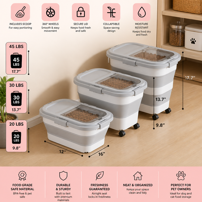 Collapsible Pet Food Storage Container with Wheels Lid and Scoop