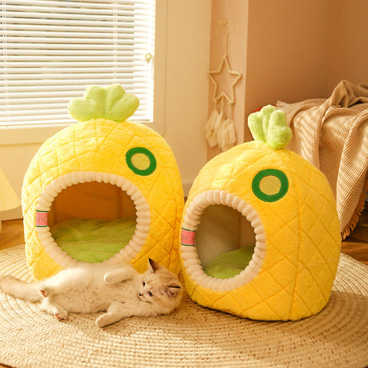 Pineapple Cat Cave - Soft And Cosy Sleeping Cave For Cats, Pet Bed For Cats In Fruit Design