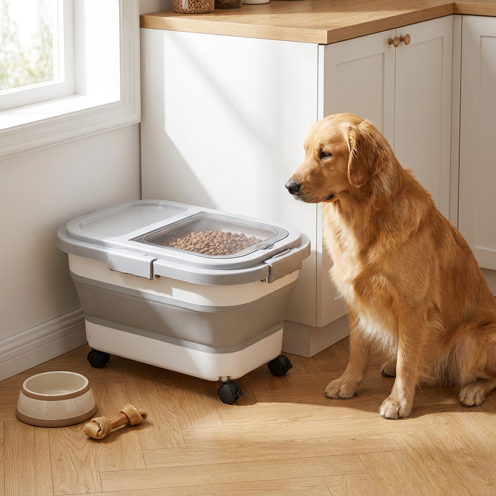 Collapsible Pet Food Storage Container with Wheels Lid and Scoop