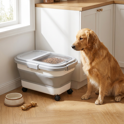 Collapsible Pet Food Storage Container with Wheels Lid and Scoop