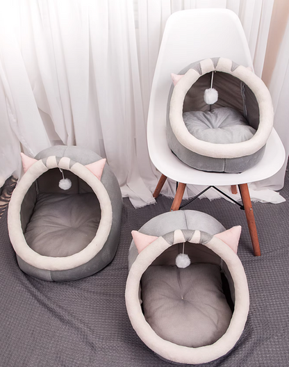 Cuddly Cat Bed Cave - Soft Igloo  With Ears Play Ball