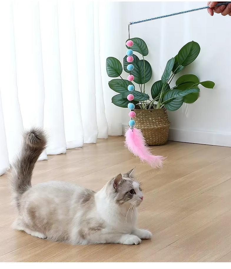 Interactive Cat Fishing Rod With Pom - Pom Feathers - Fun For Curious Cats