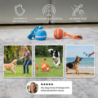 Durable Dog Play Ball with Motion Sensor and Tug Rope in Dog-Friendly Colours