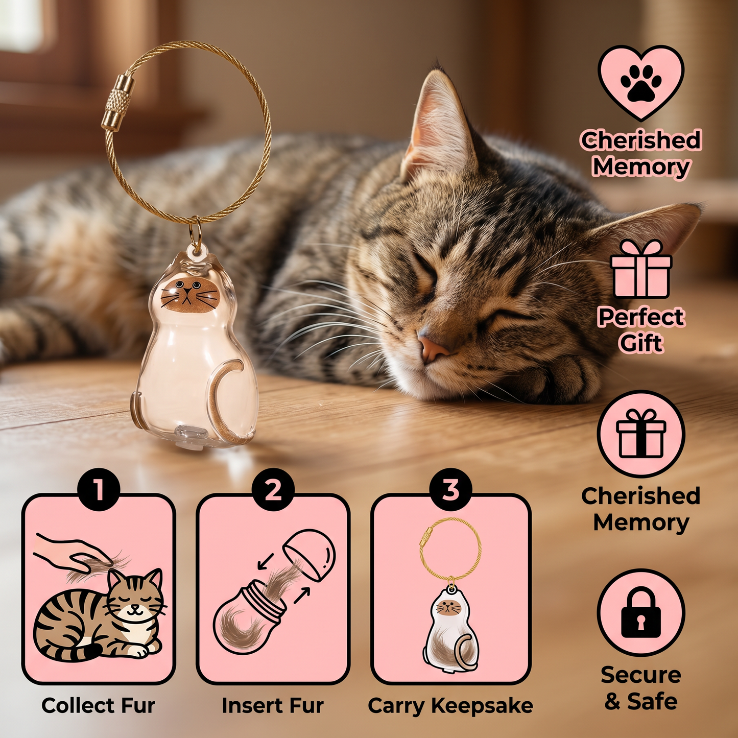 Cute Transparent Cat Hair Capsule Keychain & Keepsake