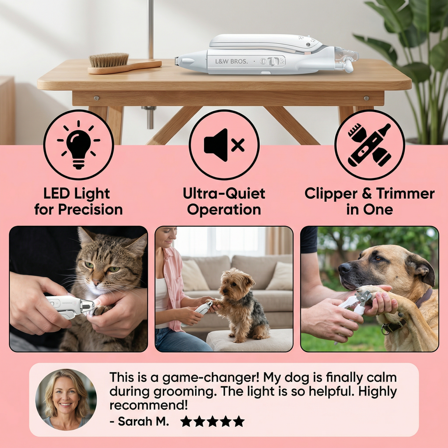2-in-1 Pet Nail Clipper & Trimmer with LED – Quiet Grooming Tool for Dogs & Cats
