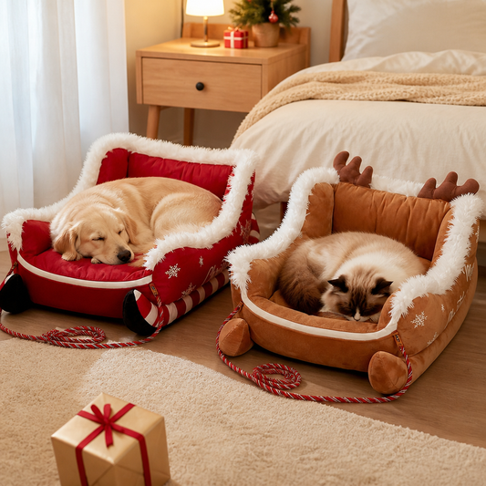 Christmas Sleigh-Shaped Plush Pet Bed with Washable Waterproof Cover