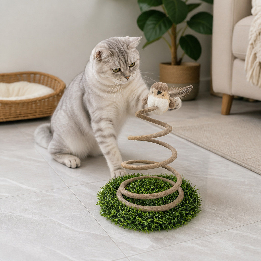 Interactive Spring Bird Cat Toy with Grass Base