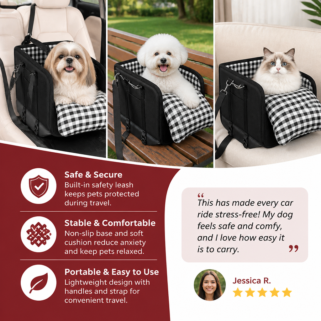 Safe Small Dog & Cat Car Travel Carrier with Safety Leash & Non-Slip Base