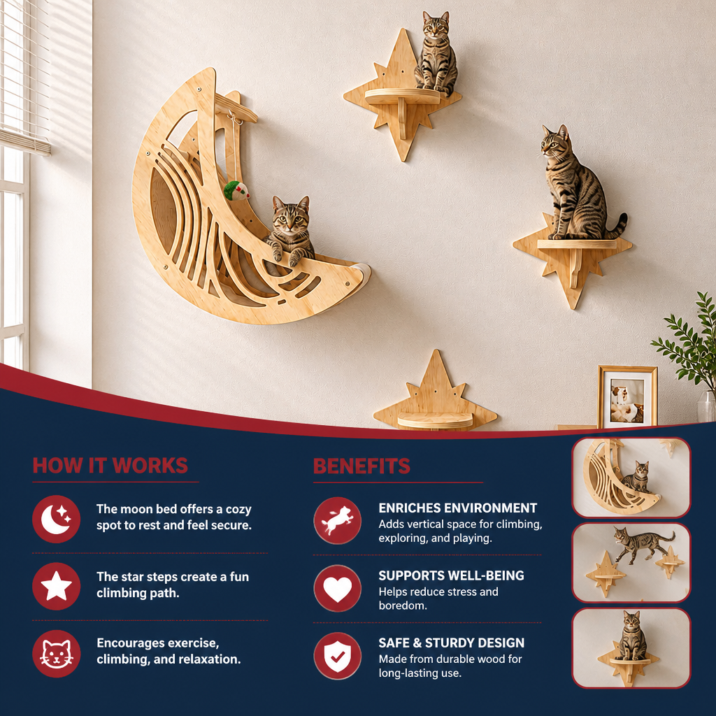 Modern Wooden Moon & Star Wall-Mounted Cat Climbing Shelves & Bed Set