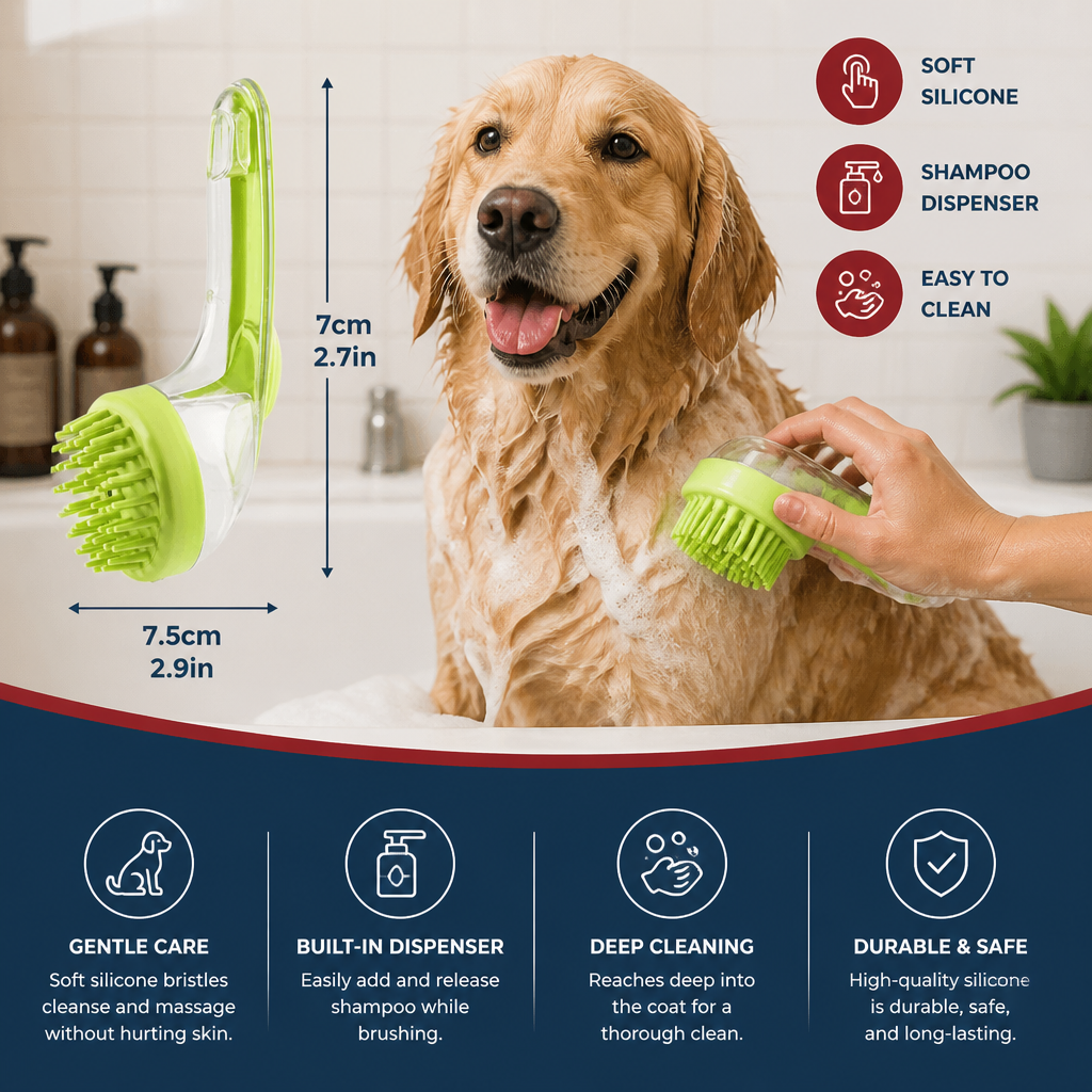 2-in-1 Silicone Pet Bath & Massage Brush with Shampoo Dispenser