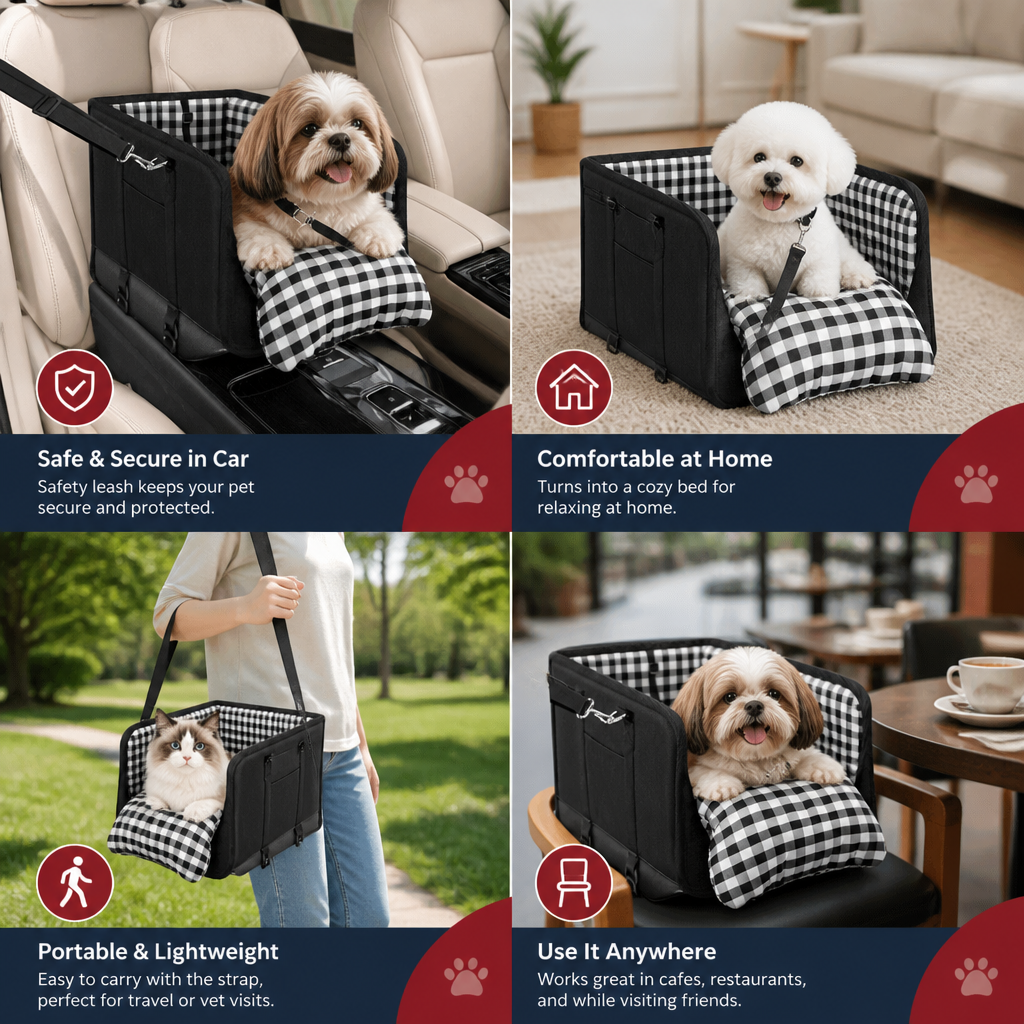 Safe Small Dog & Cat Car Travel Carrier with Safety Leash & Non-Slip Base
