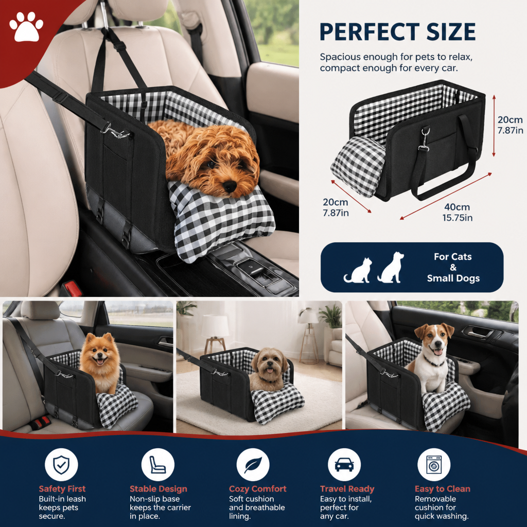 Safe Small Dog & Cat Car Travel Carrier with Safety Leash & Non-Slip Base