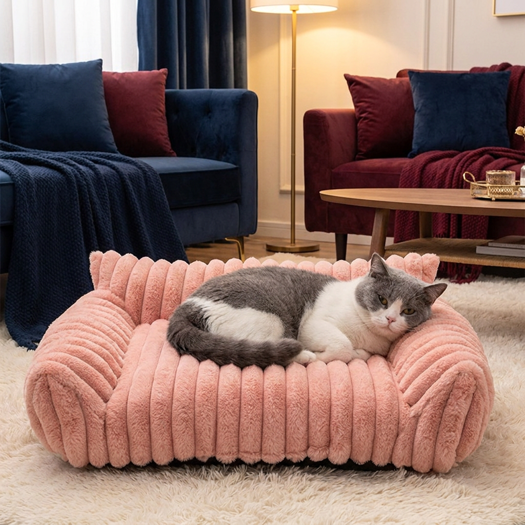 Fluffy Cloud Pet Sofa Bed with Soft Bolsters & Washable Cover