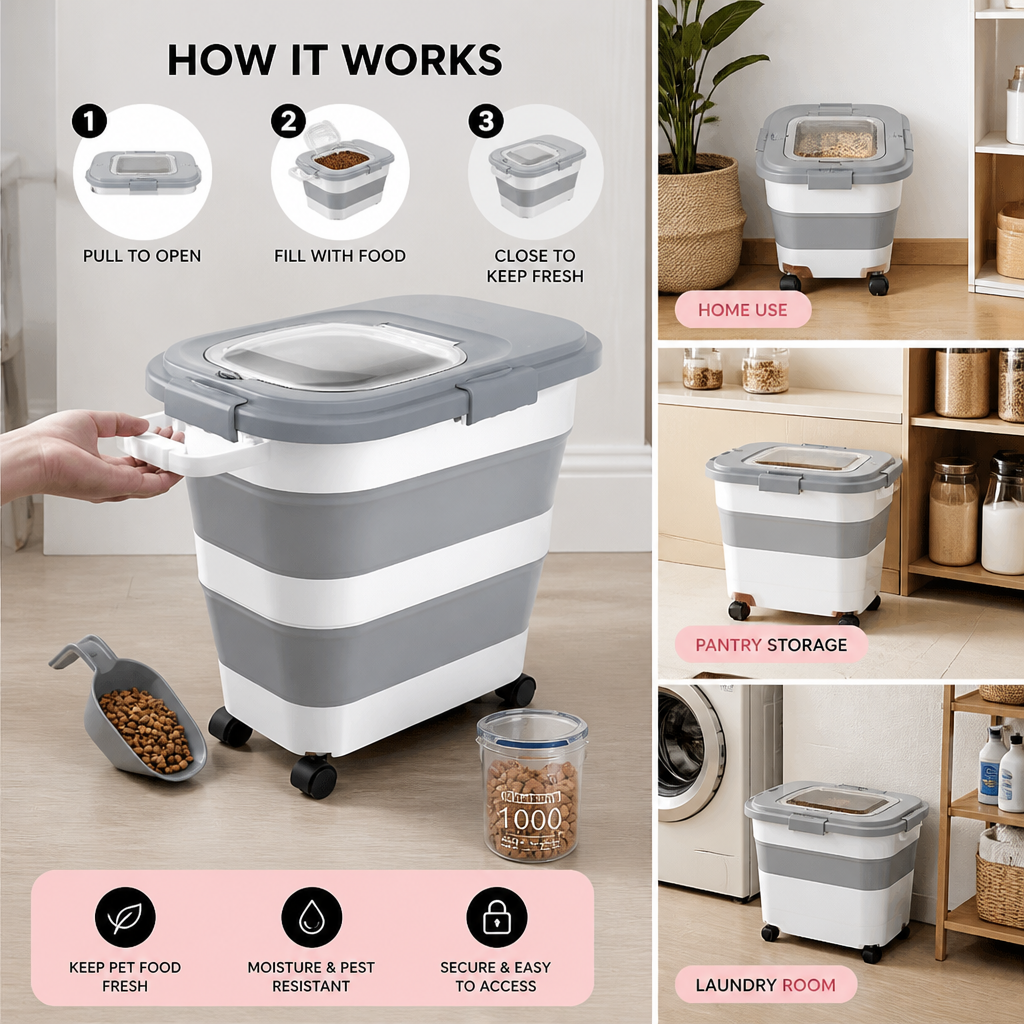 Collapsible Pet Food Storage Container with Wheels Lid and Scoop