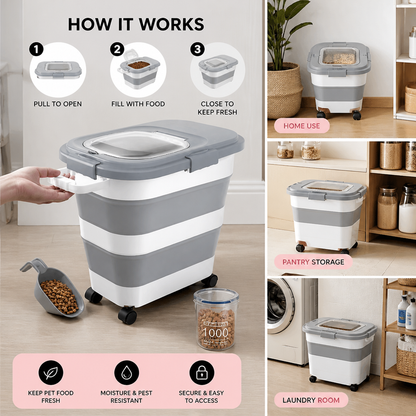 Collapsible Pet Food Storage Container with Wheels Lid and Scoop