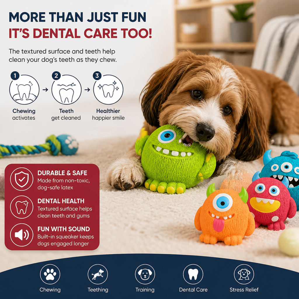 Durable Eco-Friendly Monster Teeth Cleaning Latex Squeaky Dog Toy
