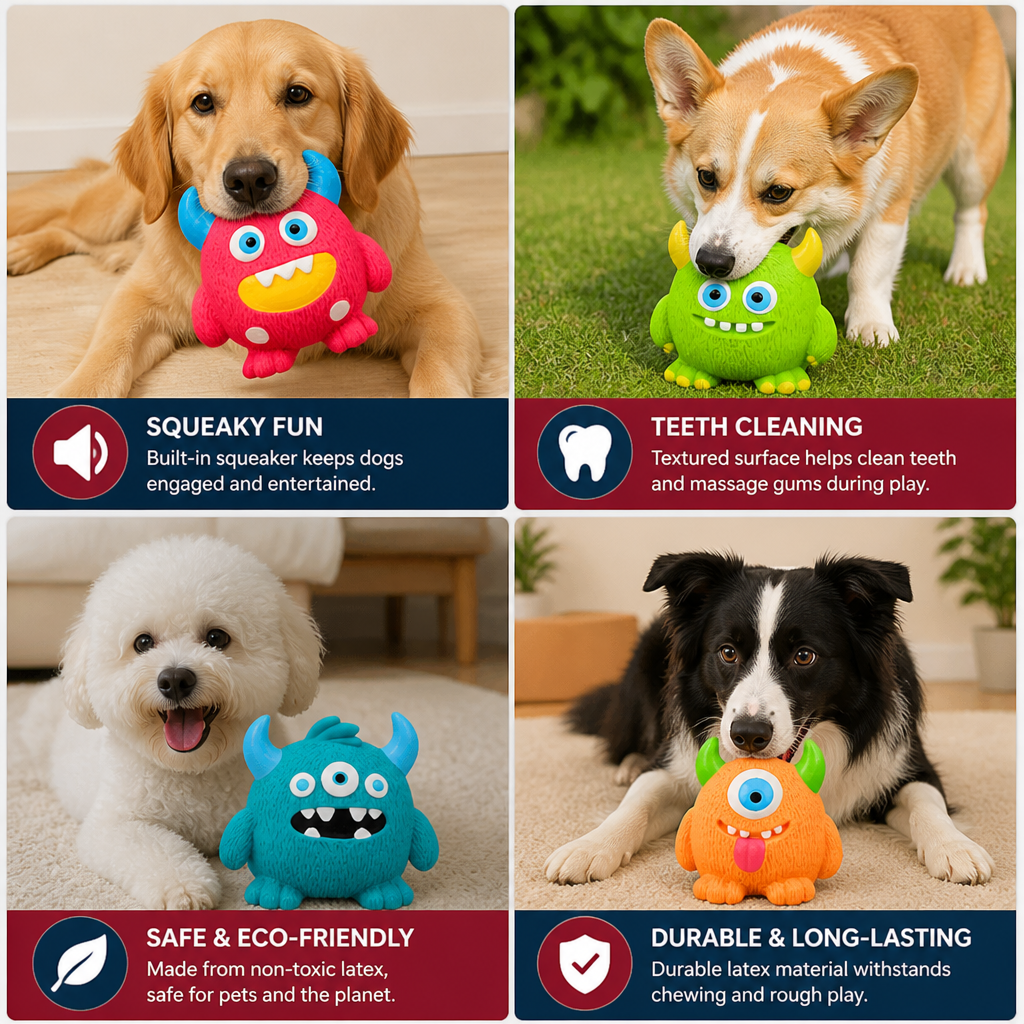 Durable Eco-Friendly Monster Teeth Cleaning Latex Squeaky Dog Toy