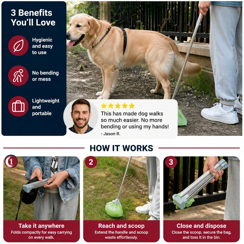 Portable Pet Waste Scoop with Extendable Handle for Easy Dog Walking Cleanup