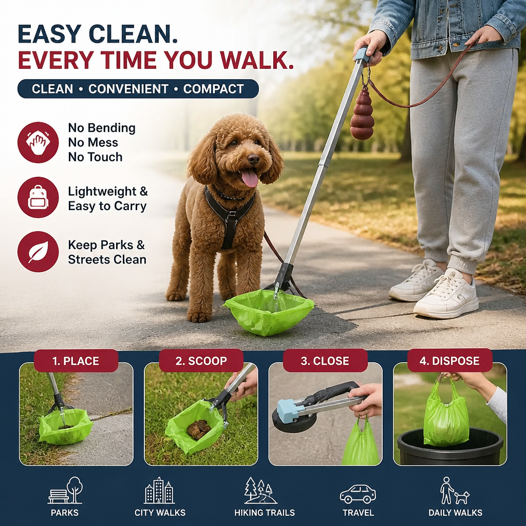 Portable Pet Waste Scoop with Extendable Handle for Easy Dog Walking Cleanup
