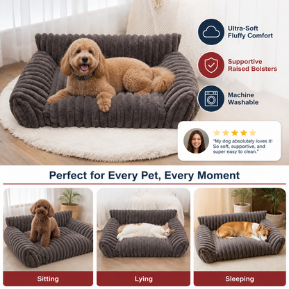 Fluffy Cloud Pet Sofa Bed with Soft Bolsters & Washable Cover