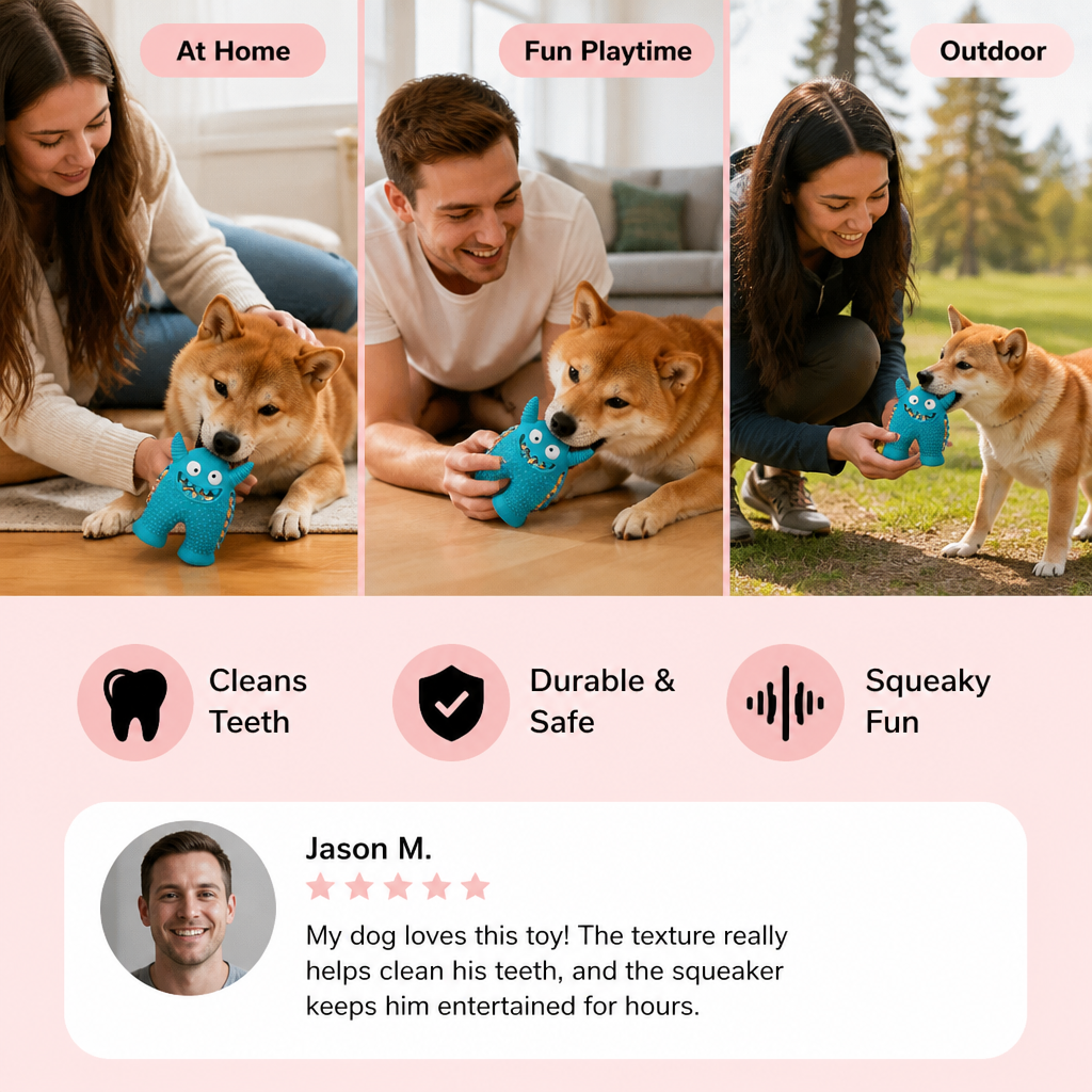 Durable Dog Dental Chew Toy – Tooth Cleaning Monster in Dog Colors