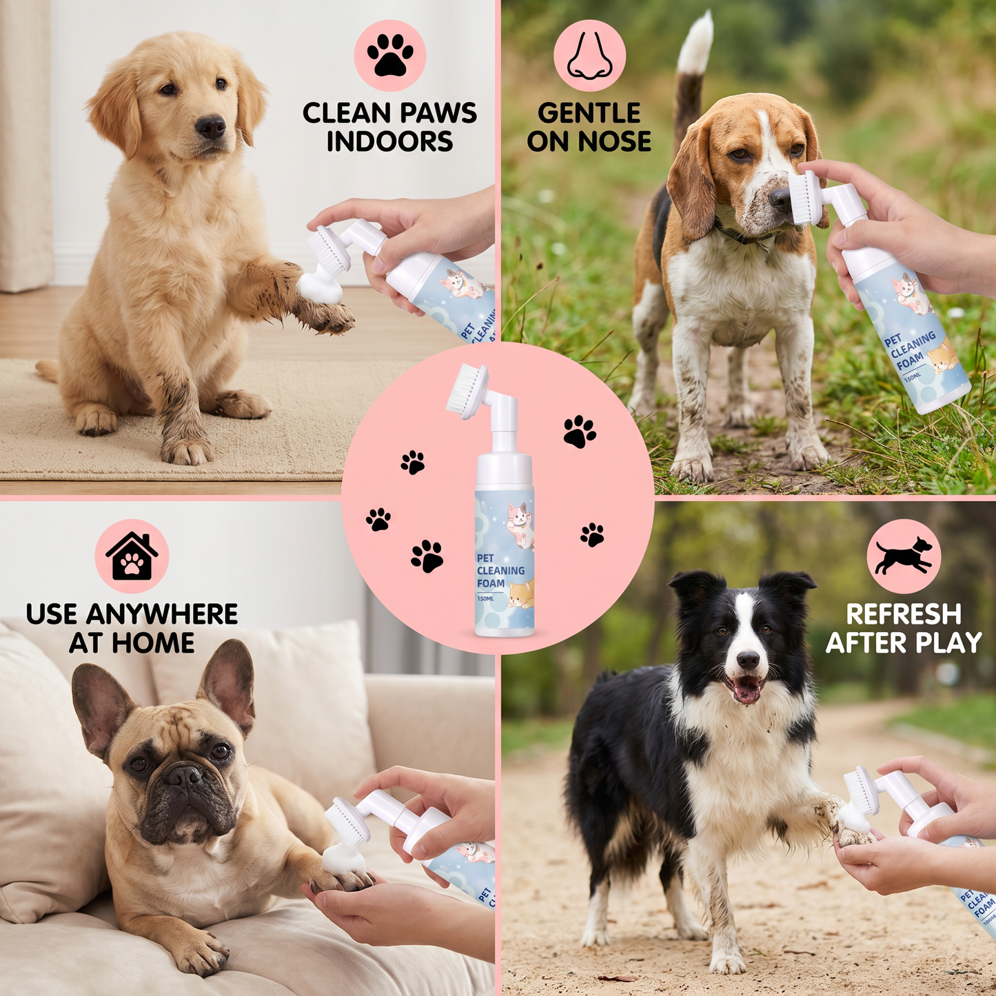 Gentle Waterless Paw Cleansing Foam with Brush for Dogs